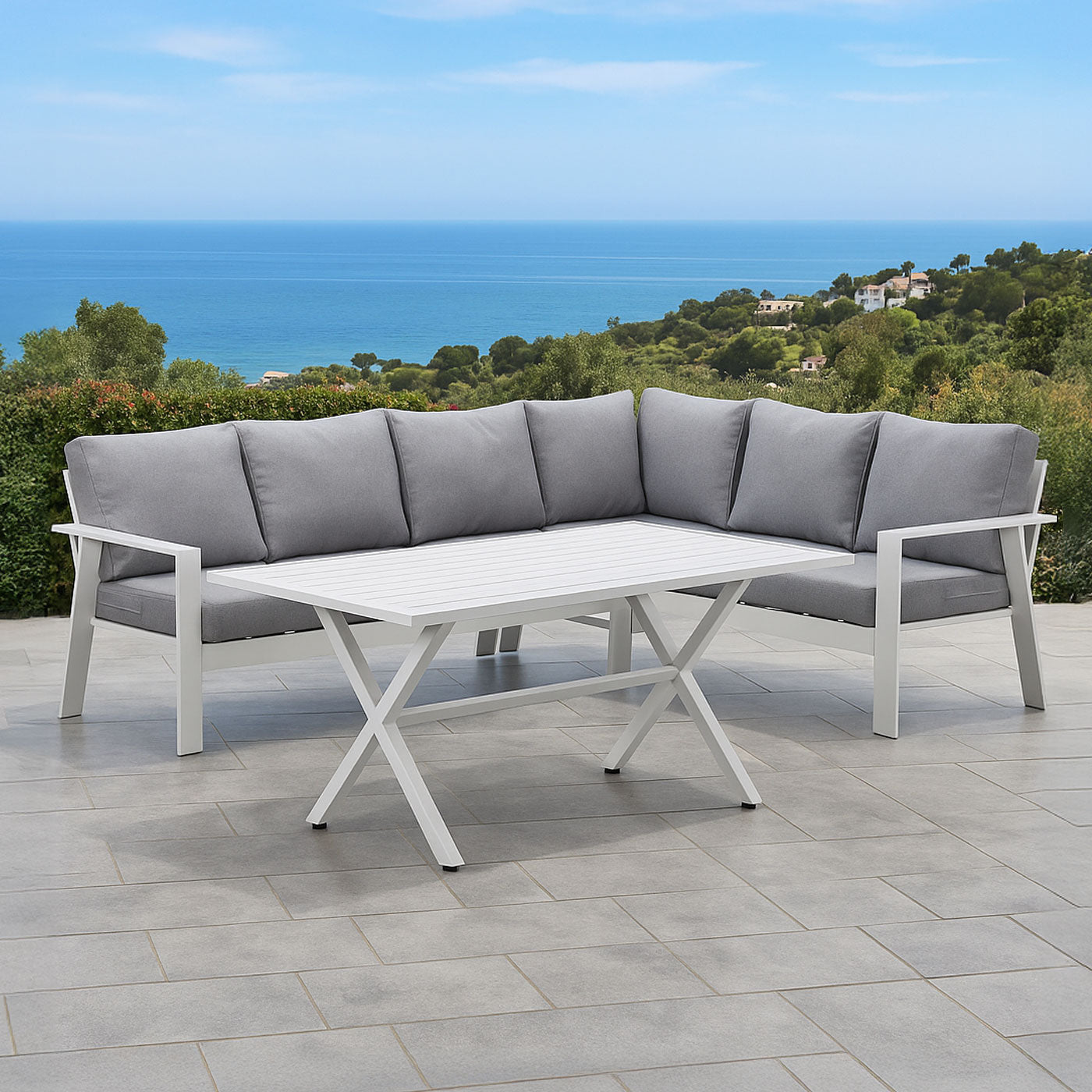 Jervis 2-In-1 White Aluminium L-Shaped Lounge Dining Set - Pebble Grey Cushions
