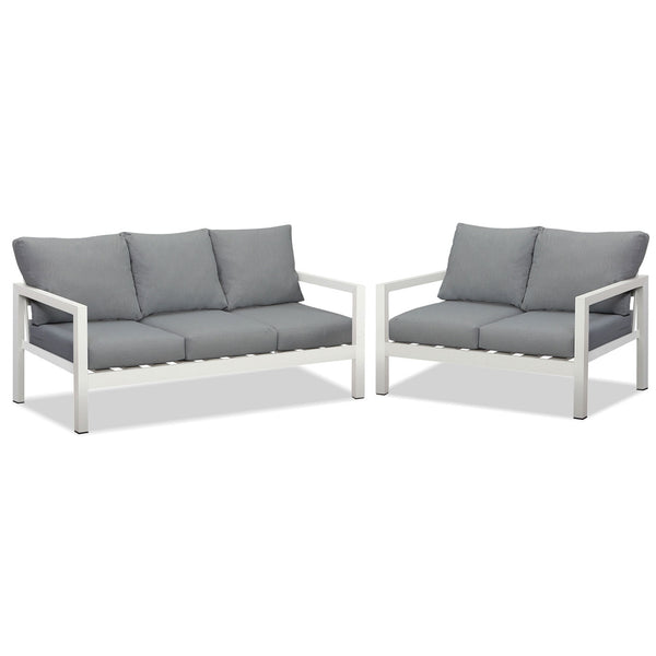 Manly 3+2 Seater White Aluminium Sofa Lounge - Grey Cushion