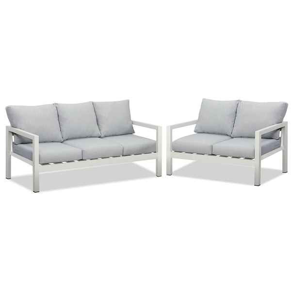 Manly 3+2 Seater White Aluminium Sofa Lounge - Light Grey Cushion