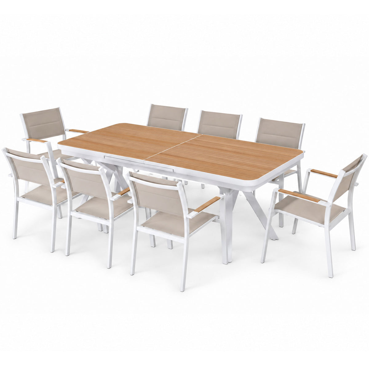 Berros 9-Piece White Aluminium Extendable Outdoor Dining Set - Beige Chairs