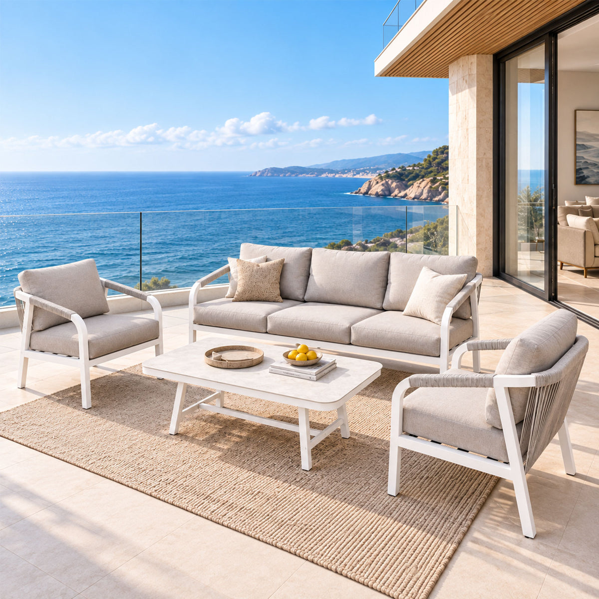 La Perouse 5-Seater White Aluminium Sofa Lounge Set - Light Beige Cushions