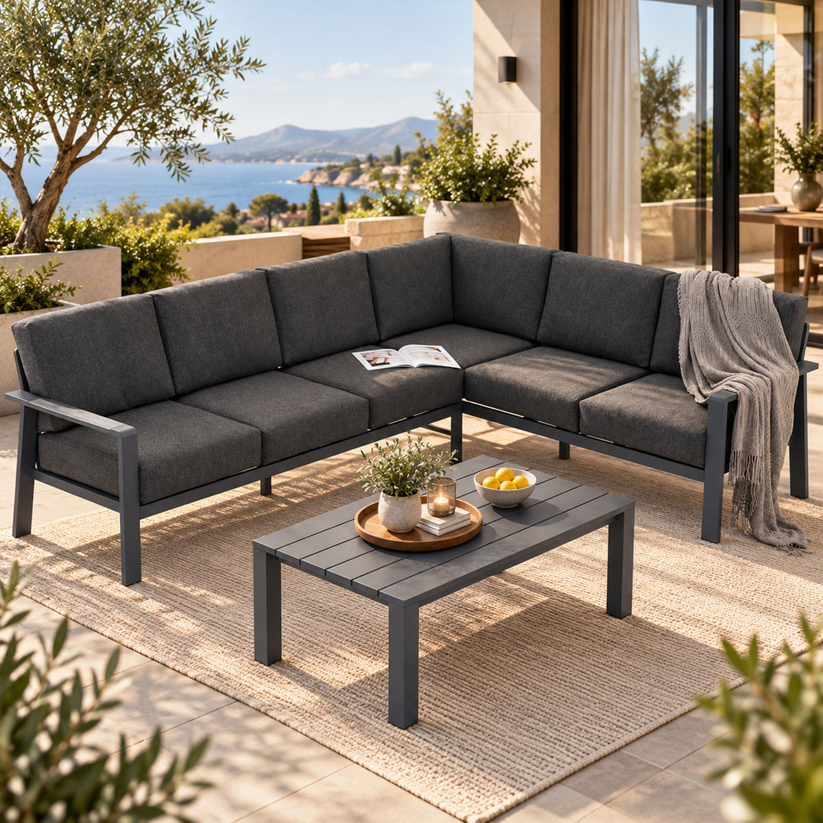 Jervis Charcoal Aluminium Outdoor L-Shaped Lounge & Coffee Table Set - Dark Grey (Long Side Left)