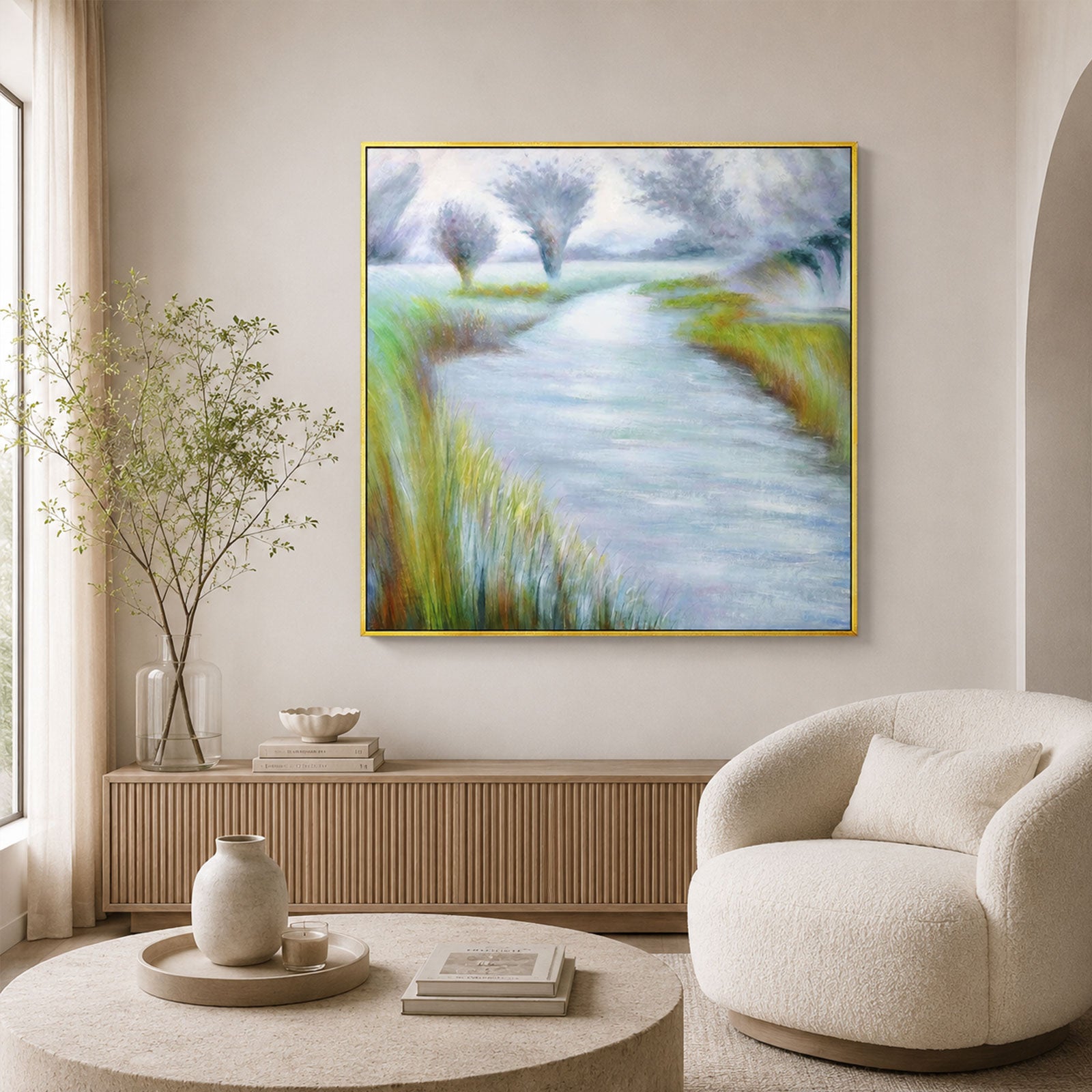 Framed Oil Painting Hand Painted Abstract Modern Canvas - River (100cm x 100cm)