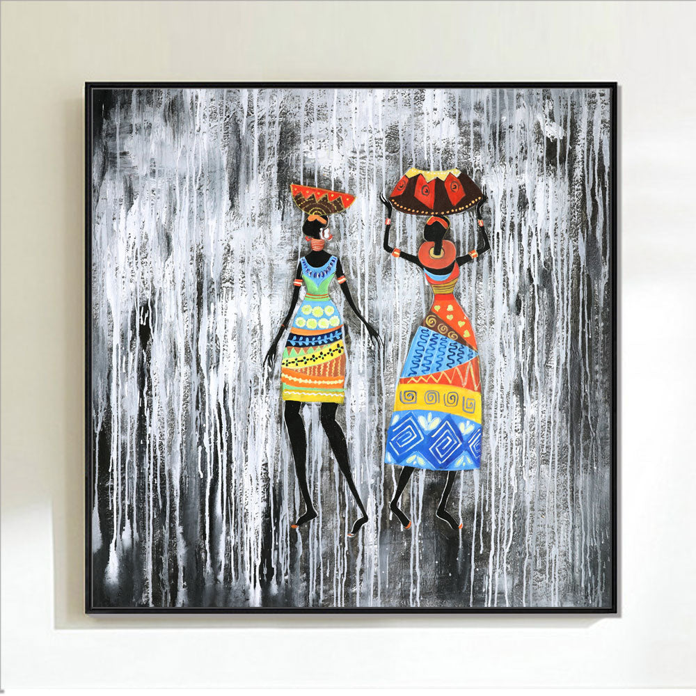 Framed Oil Painting Hand Painted Abstract People Canvas - Girls (100cm x 100cm)