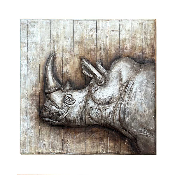 Pallet Wood Oil Painting Hand Painted Abstract Animals Metal Wall Art - Metallic Rhinoceros  (109cm x 109cm)