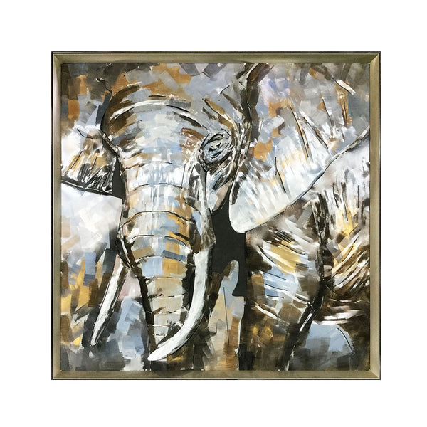 Framed Oil Painting Hand-Painted Abstract Animal Metal Wall Art - Elephant (100cm x 100cm)