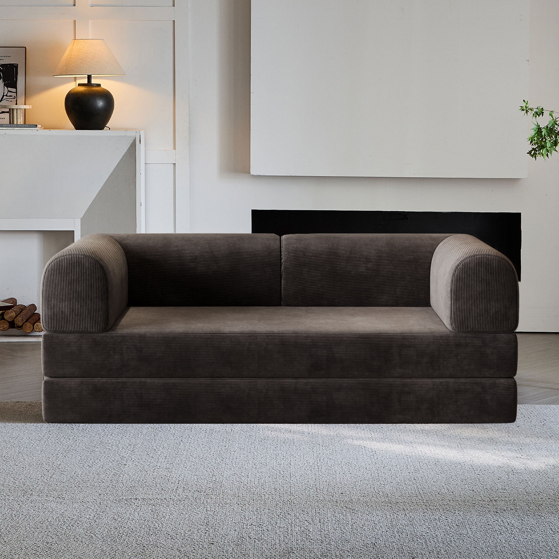 Malone Compression Sofa Bed - Convertible Corduroy Couch in Espresso Brown