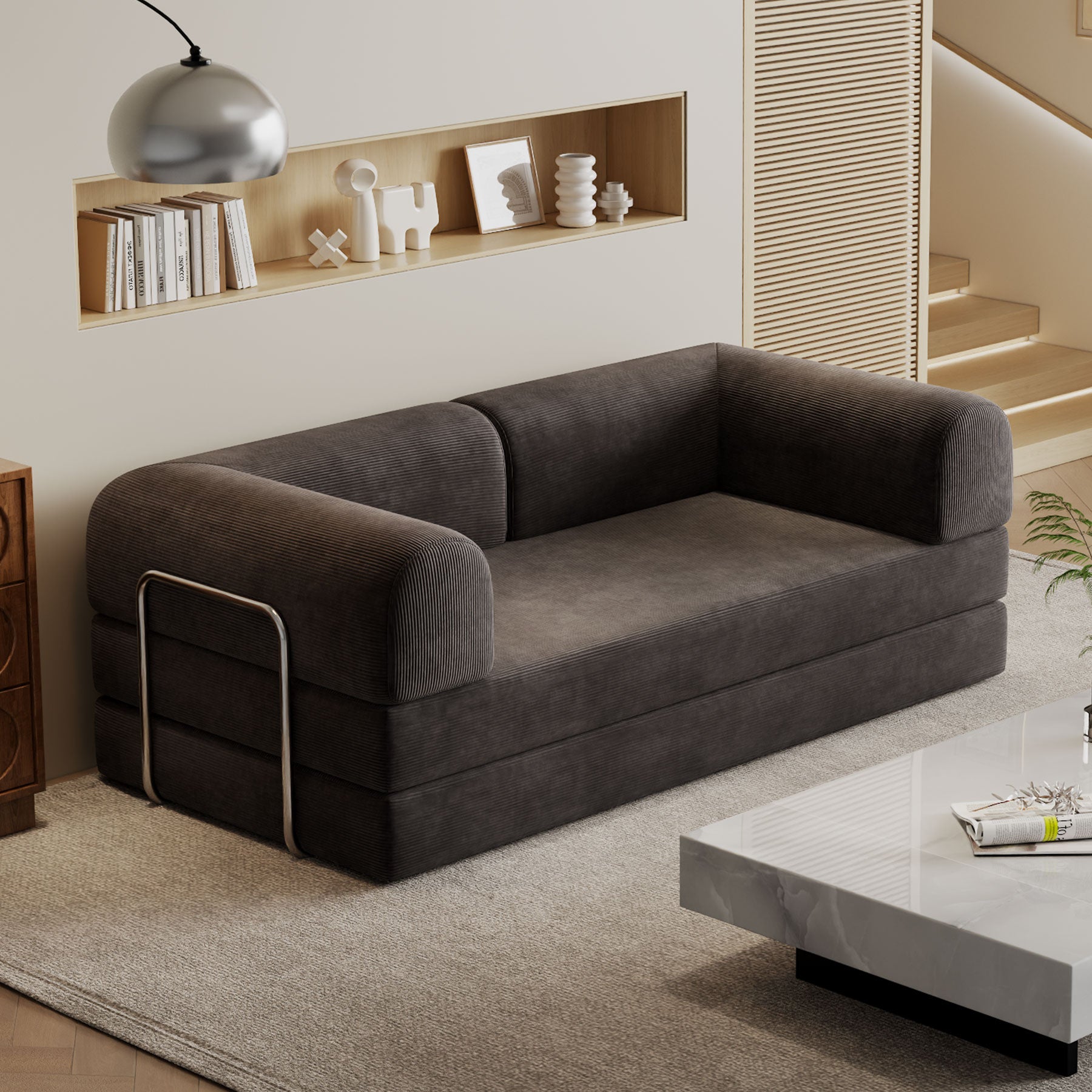 Malone Compression Sofa Bed - Convertible Corduroy Couch in Espresso Brown