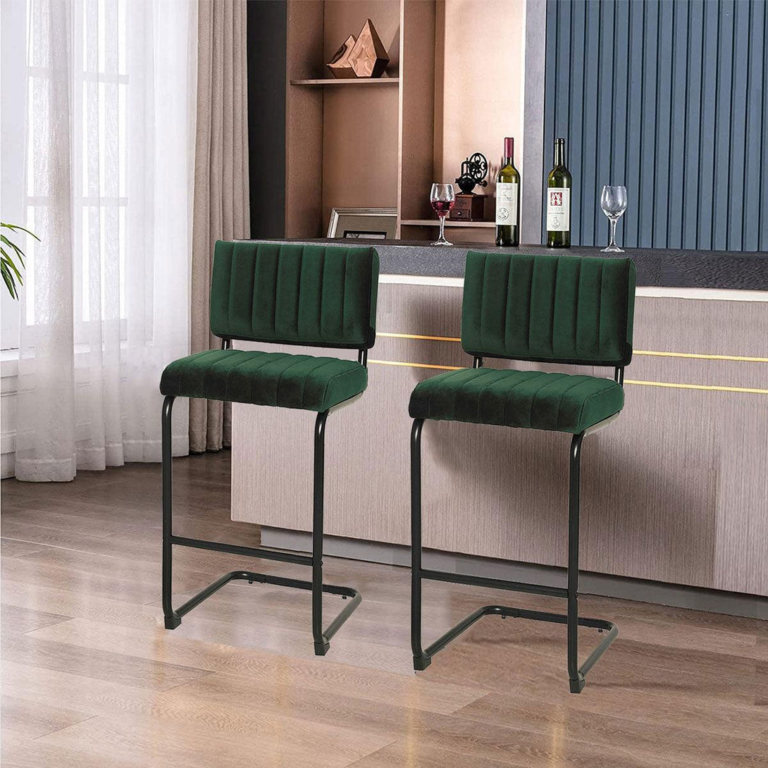 Mila Bar Stool (Set of 2) - Dark Green Velvet Fabric Black Legs - Moda Living