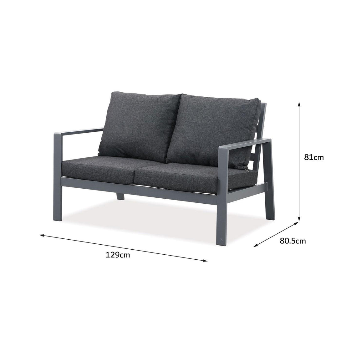 Florence 2 Seater Charcoal Aluminium Outdoor Sofa Lounge with Arms - Dark Grey Cushion - Moda Living