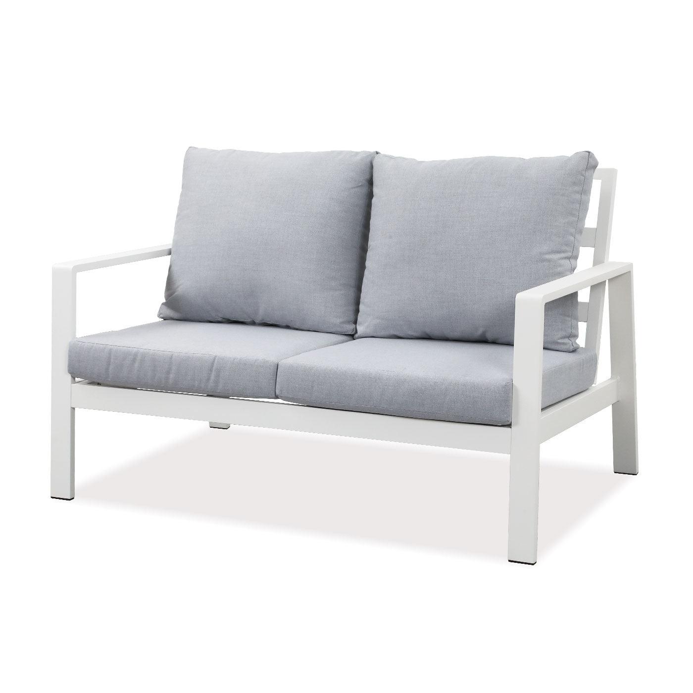 Florence 2 Seater White Aluminium Outdoor Sofa Lounge with Arms - Light Grey Cushion - Moda Living
