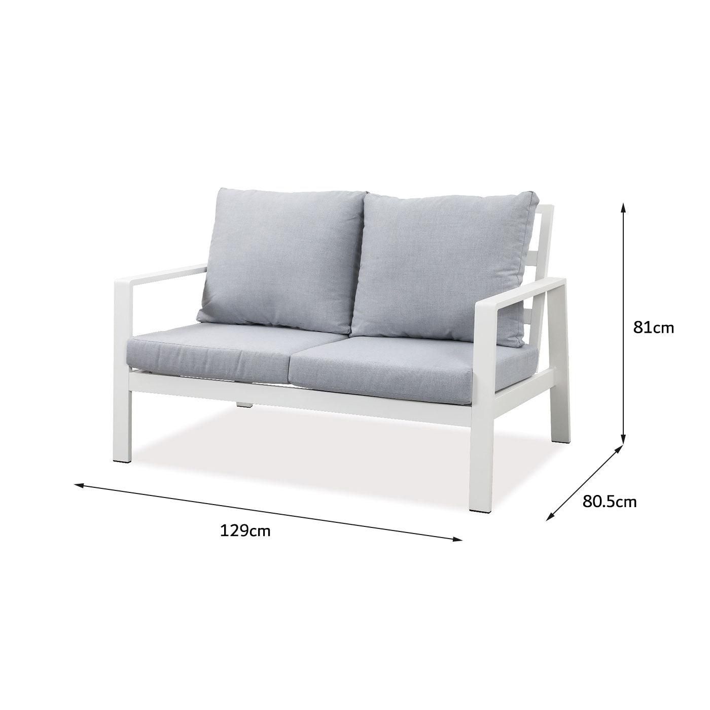 Florence 2 Seater White Aluminium Outdoor Sofa Lounge with Arms - Light Grey Cushion - Moda Living
