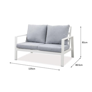 Florence 2 Seater White Aluminium Outdoor Sofa Lounge with Arms - Light Grey Cushion - Moda Living