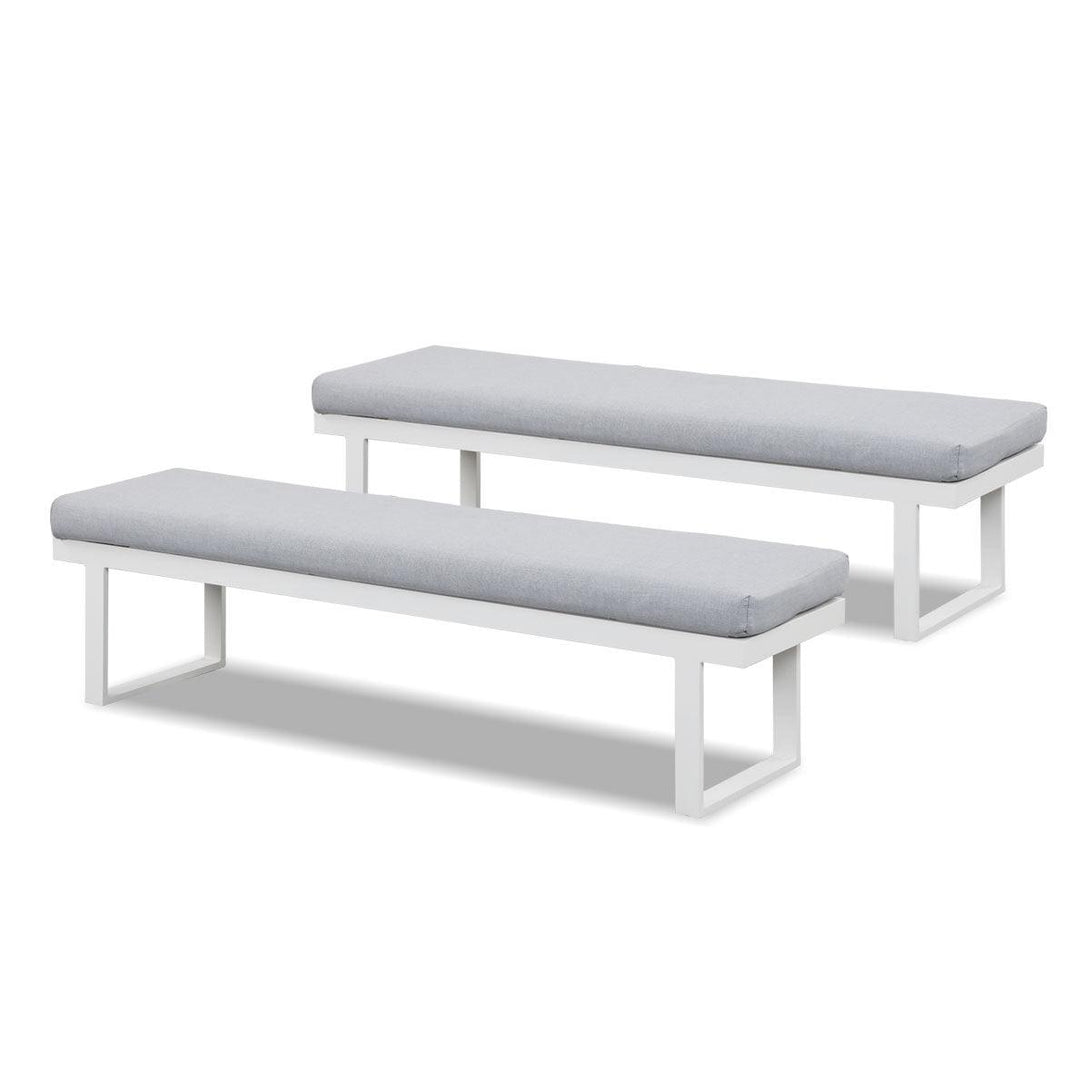 Clayton 3 Piece White Aluminium Outdoor Bench Dining Set with Light Grey Cushion - Moda Living