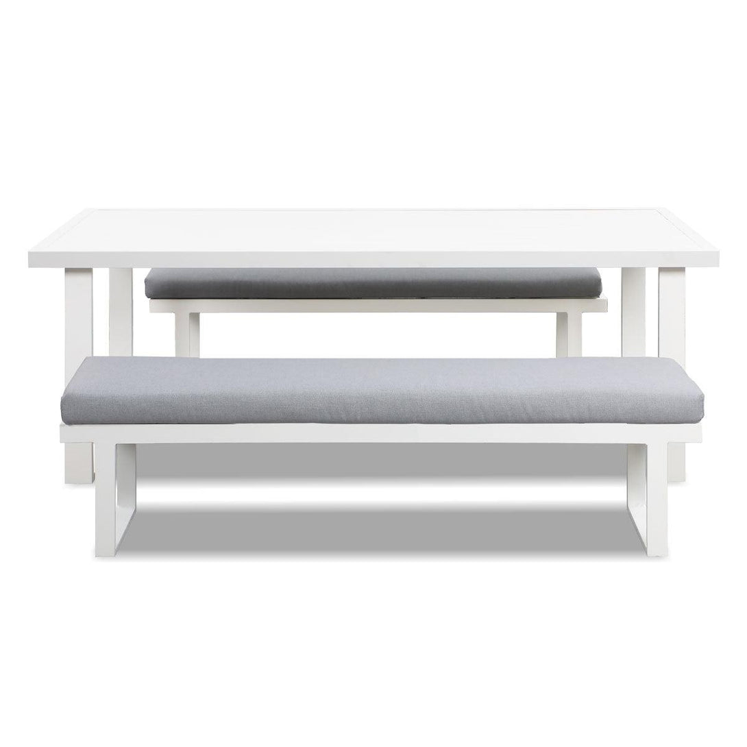 Clayton 3 Piece White Aluminium Outdoor Bench Dining Set with Light Grey Cushion - Moda Living