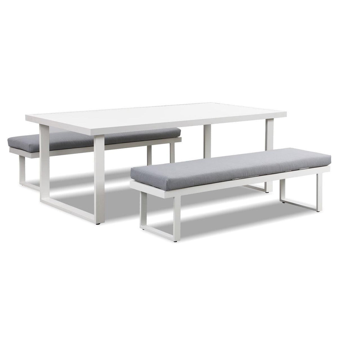 Clayton 3 Piece White Aluminium Outdoor Bench Dining Set with Light Grey Cushion - Moda Living