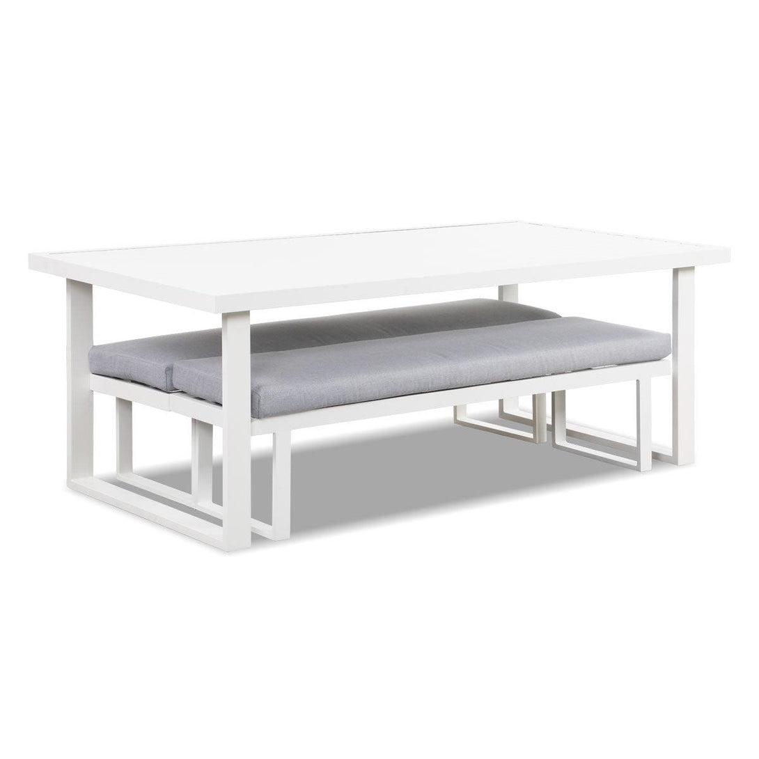 Clayton 3 Piece White Aluminium Outdoor Bench Dining Set with Light Grey Cushion - Moda Living