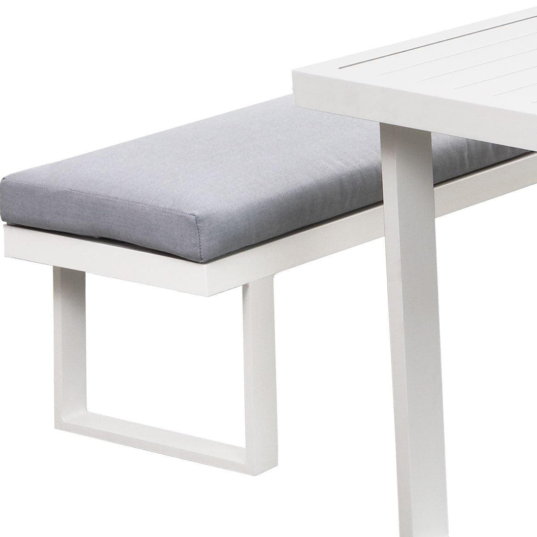 Clayton 3 Piece White Aluminium Outdoor Bench Dining Set with Light Grey Cushion - Moda Living