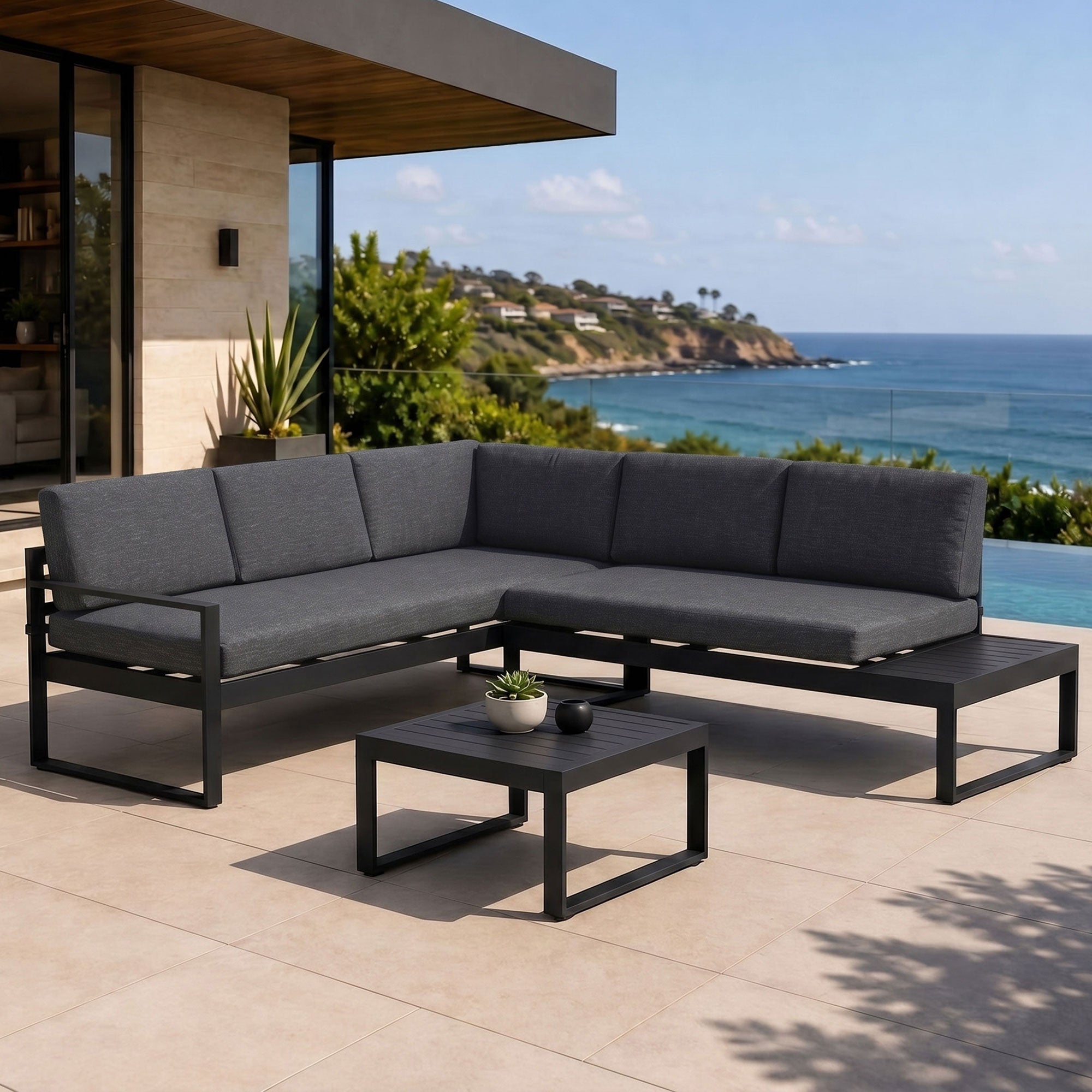 Milano Charcoal Aluminium Sofa Lounge Set - Dark Grey Cushion - Moda Living