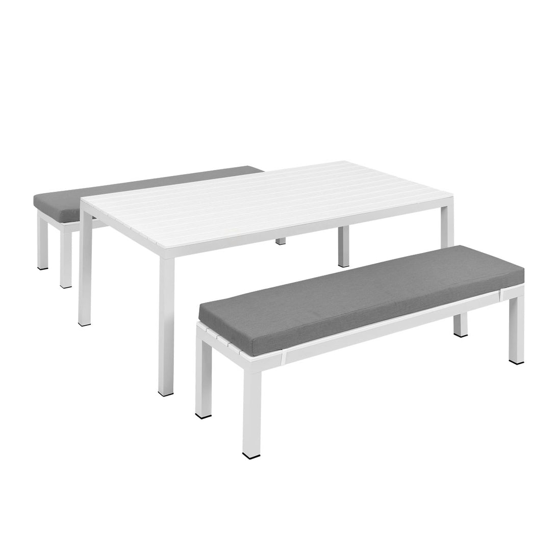 Manly 3 Piece White Aluminium Outdoor Bench Dining Set with Grey Cushion - Moda Living