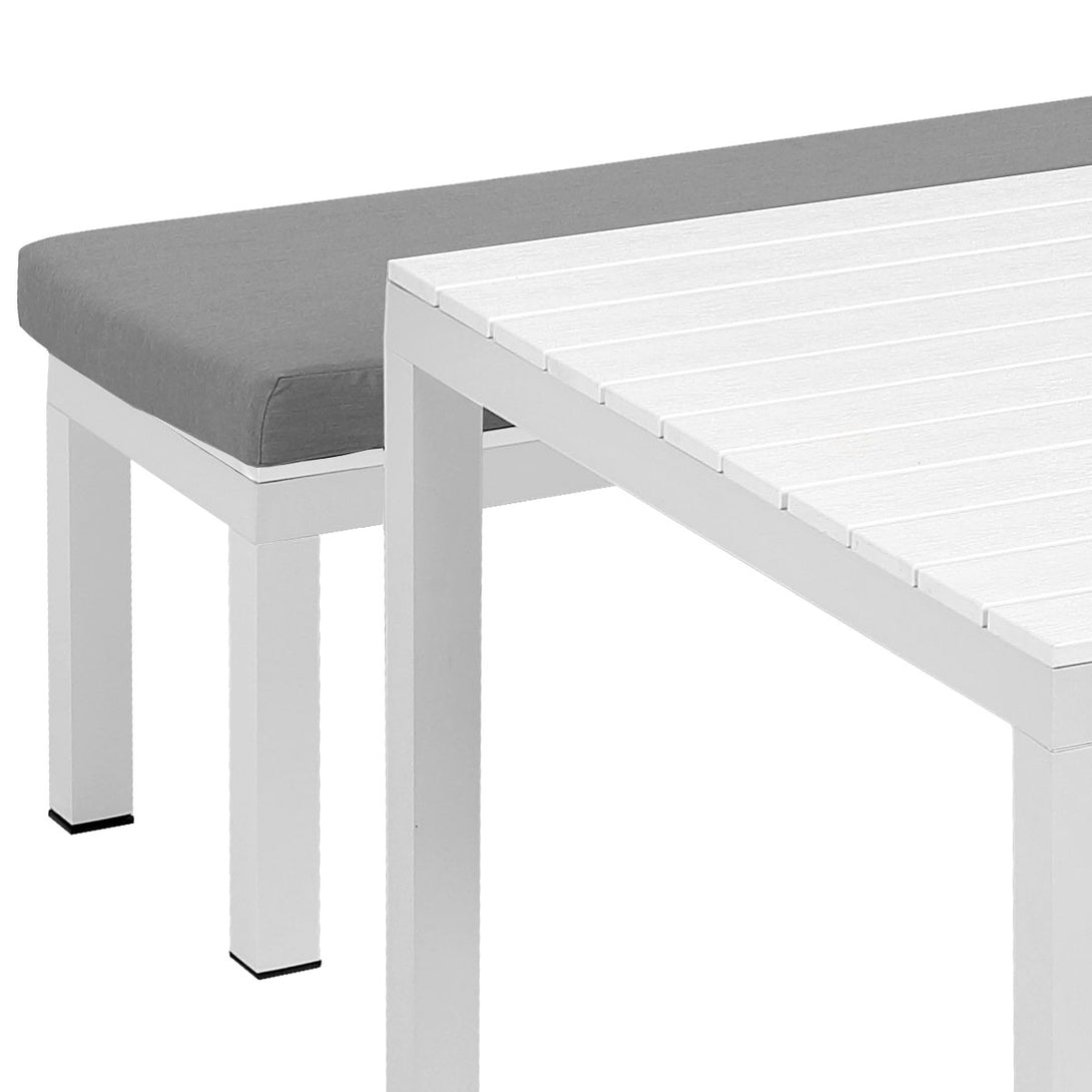 Manly 3 Piece White Aluminium Outdoor Bench Dining Set with Grey Cushion - Moda Living