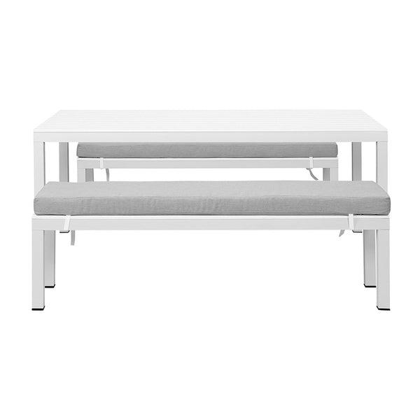 Manly 3 Piece White Aluminium Outdoor Bench Dining Set with Light Grey Cushion - Moda Living