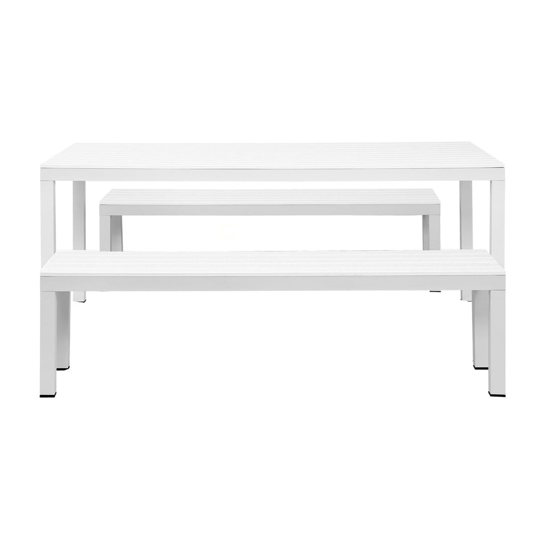 Manly 3 Piece White Aluminium Outdoor Bench Dining Set with Light Grey Cushion - Moda Living