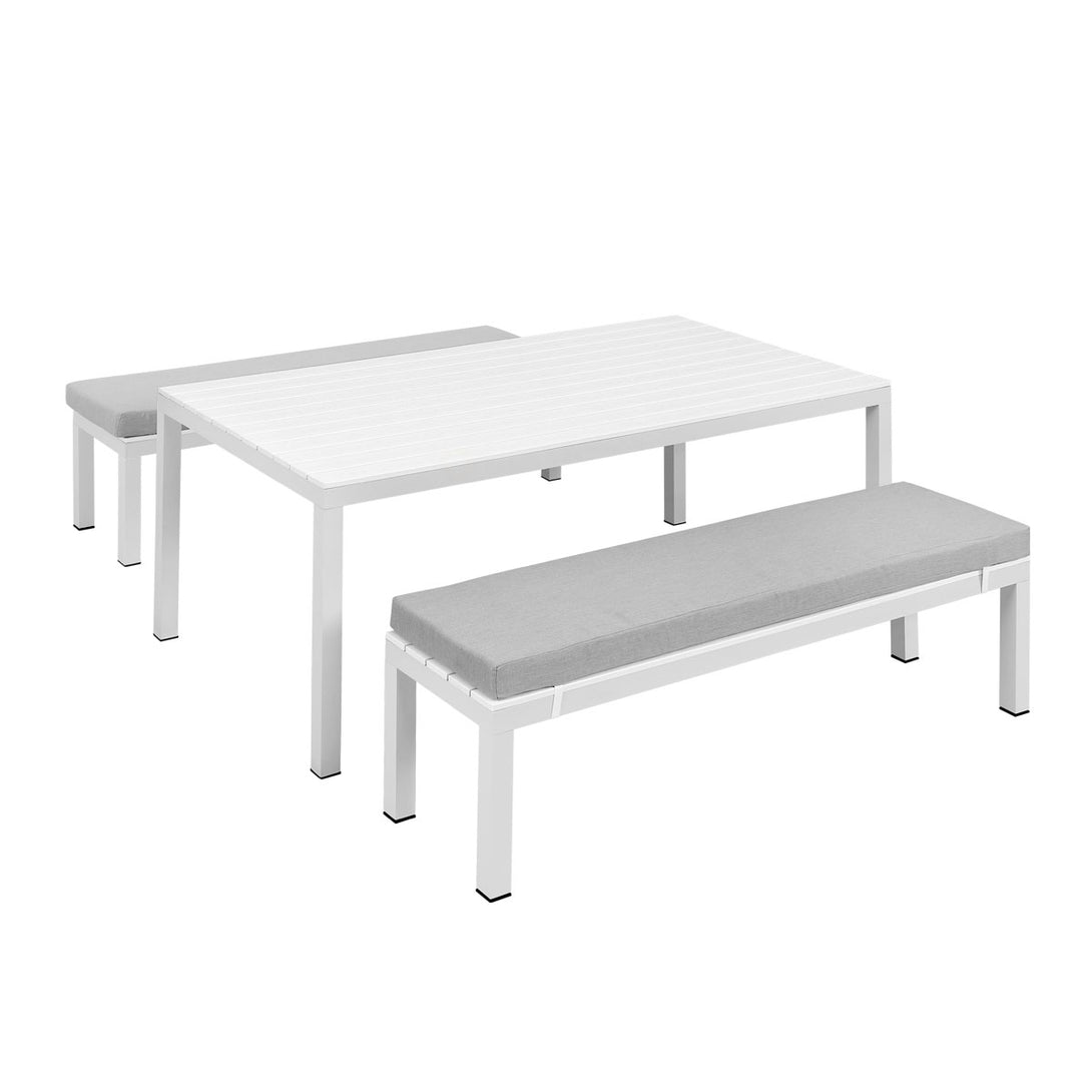 Manly 3 Piece White Aluminium Outdoor Bench Dining Set with Light Grey Cushion - Moda Living