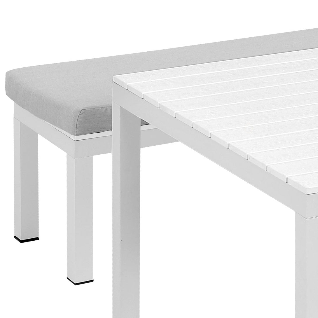 Manly 3 Piece White Aluminium Outdoor Bench Dining Set with Light Grey Cushion - Moda Living