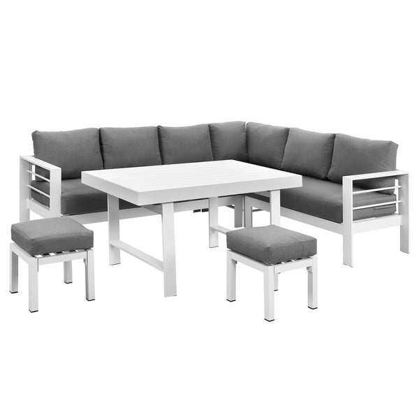 Paris 2-In-1 White Aluminium L-Shaped Sofa Lounge Dining Set - Grey Cushion - Moda Living