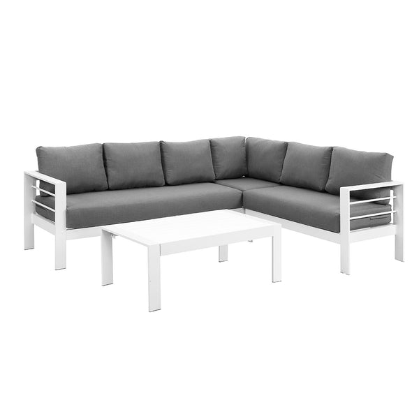 Paris 6 Seater White Aluminium L-Shaped Sofa Lounge Set - Grey Cushion - Moda Living