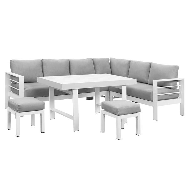 Paris 2-In-1 White Aluminium L-Shaped Sofa Lounge Dining Set - Light Grey Cushion - Moda Living