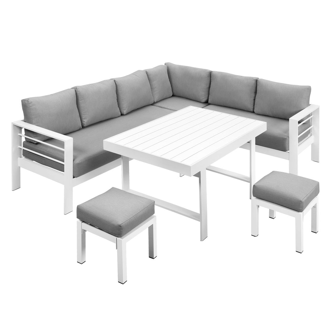 Paris 2-In-1 White Aluminium L-Shaped Sofa Lounge Dining Set - Light Grey Cushion - Moda Living