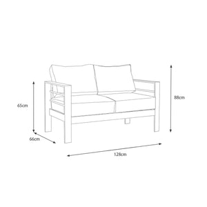 Paris 2 Seater Charcoal Aluminium Outdoor Sofa Lounge with Arms - Grey Cushion - Moda Living
