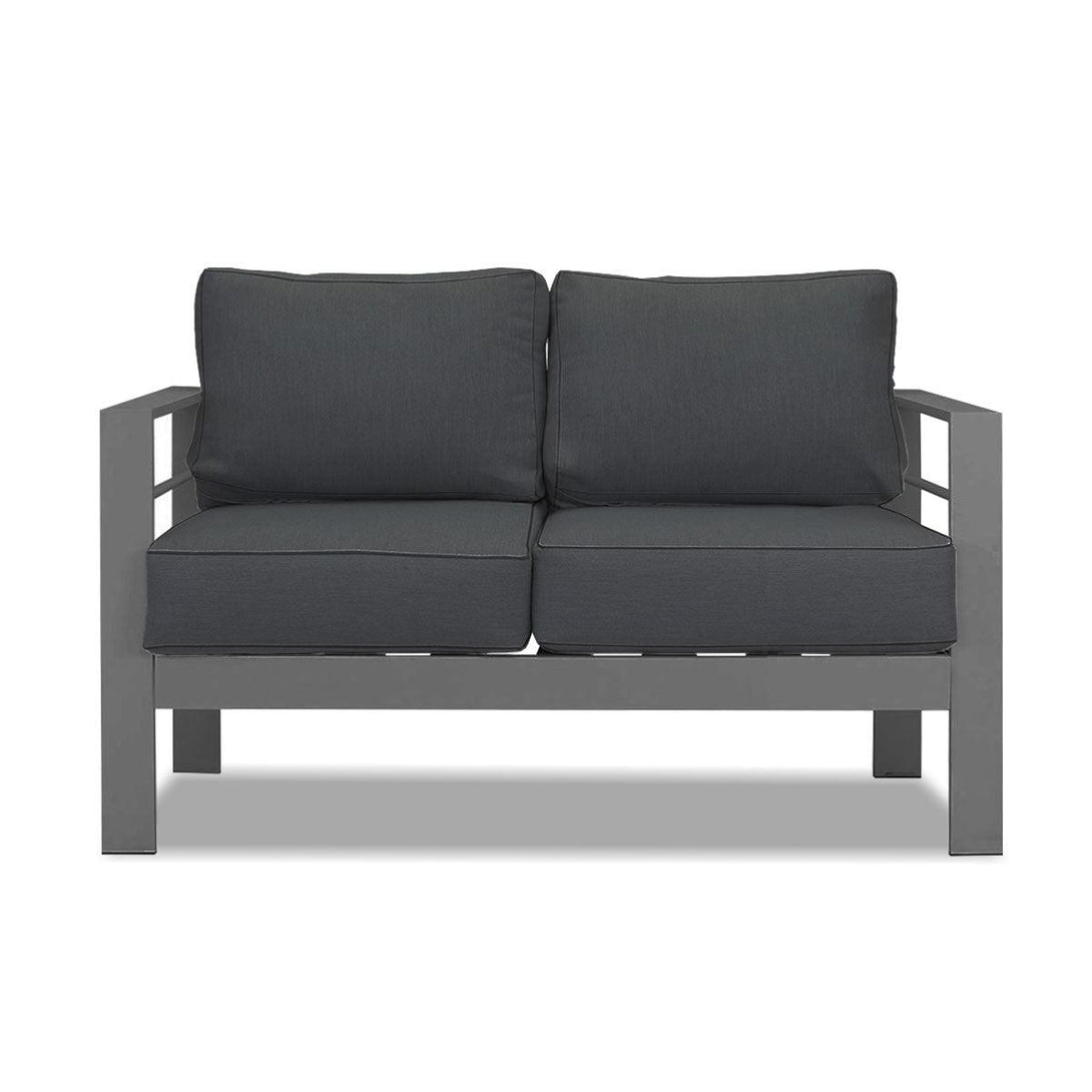 Paris 2 Seater Charcoal Aluminium Outdoor Sofa Lounge with Arms - Dark Grey Cushion - Moda Living