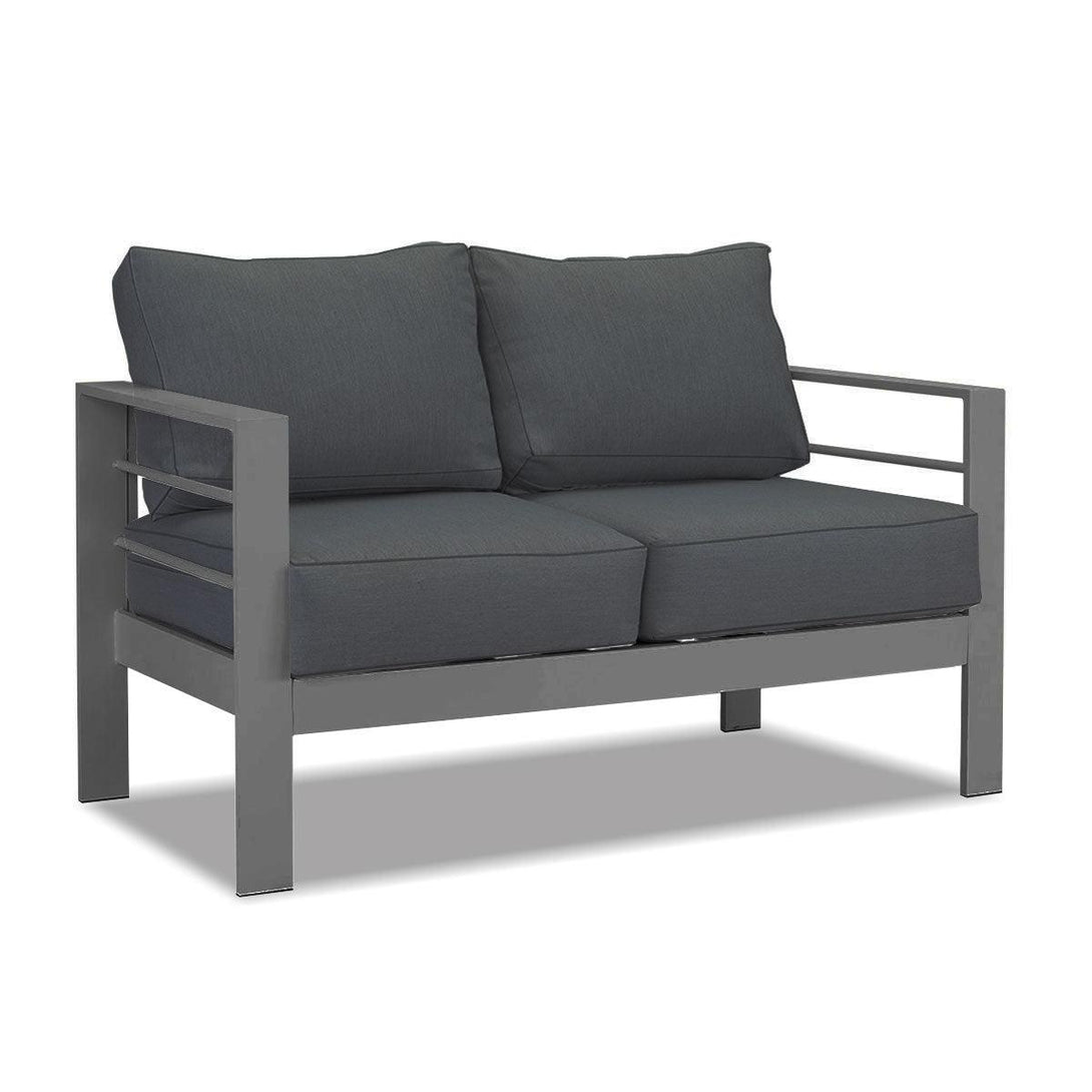 Paris 2 Seater Charcoal Aluminium Outdoor Sofa Lounge with Arms - Dark Grey Cushion - Moda Living