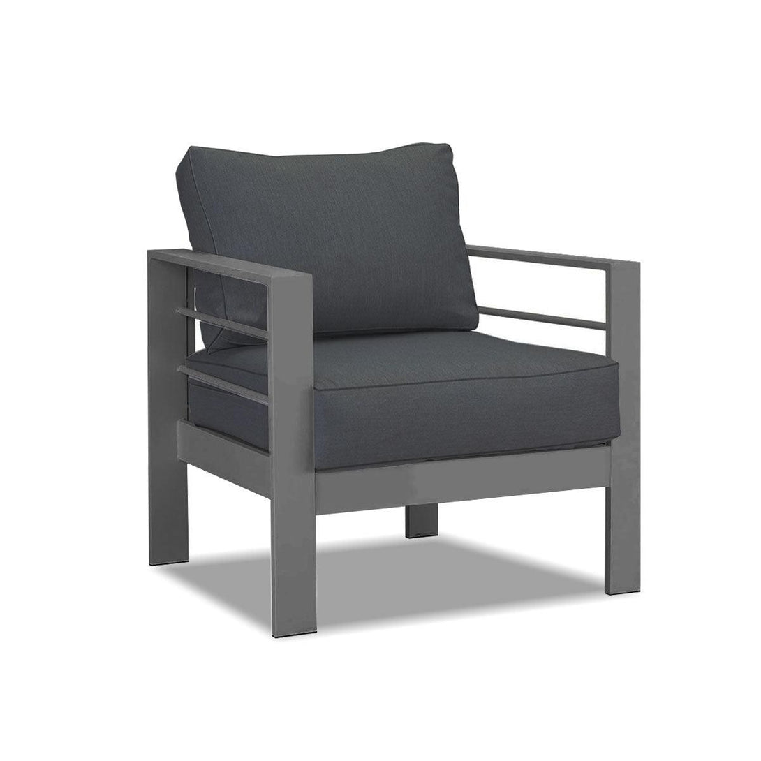 Paris Single Seater Charcoal Aluminium Outdoor Sofa Lounge with Arms - Dark Grey Cushion (Set of 2) - Moda Living