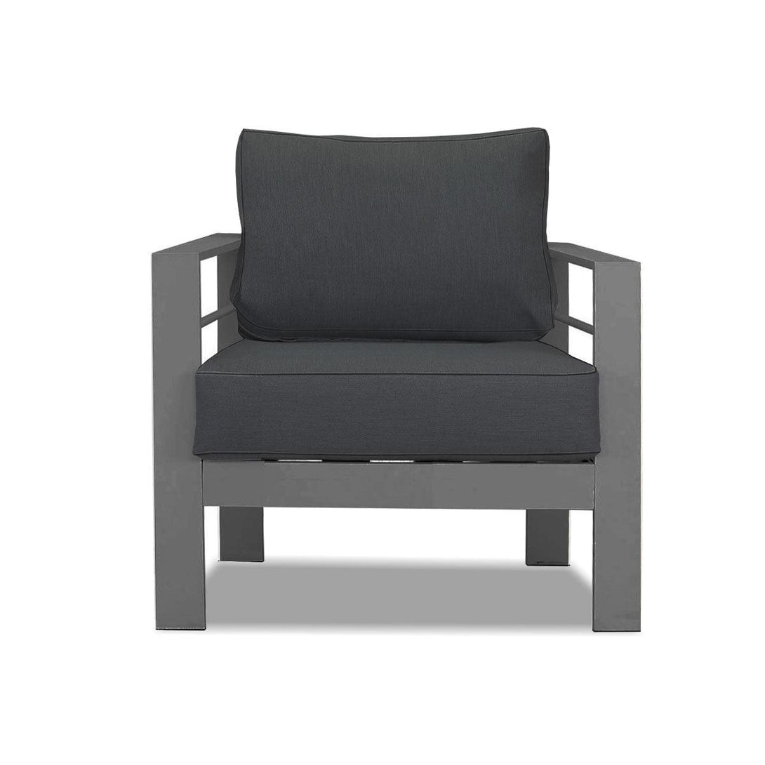 Paris Single Seater Charcoal Aluminium Outdoor Sofa Lounge with Arms - Dark Grey Cushion (Set of 2) - Moda Living