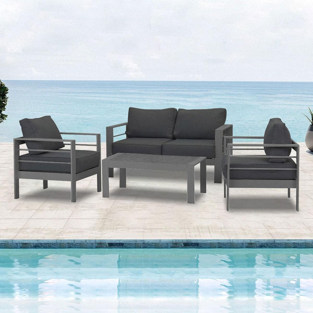 Paris 4 Piece Charcoal Aluminium Sofa Lounge Set - Dark Grey Cushion - Moda Living