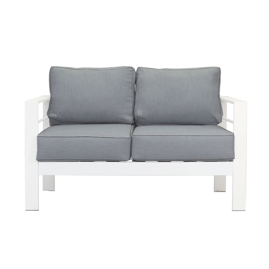 Paris 2 Seater White Aluminium Outdoor Sofa Lounge with Arms - Grey Cushion - Moda Living