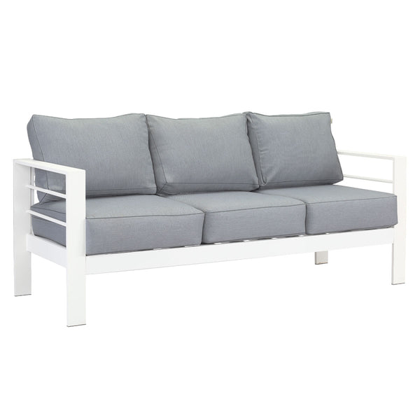 Paris 3 Seater White Aluminium Outdoor Sofa Lounge with Arms - Grey Cushion - Moda Living