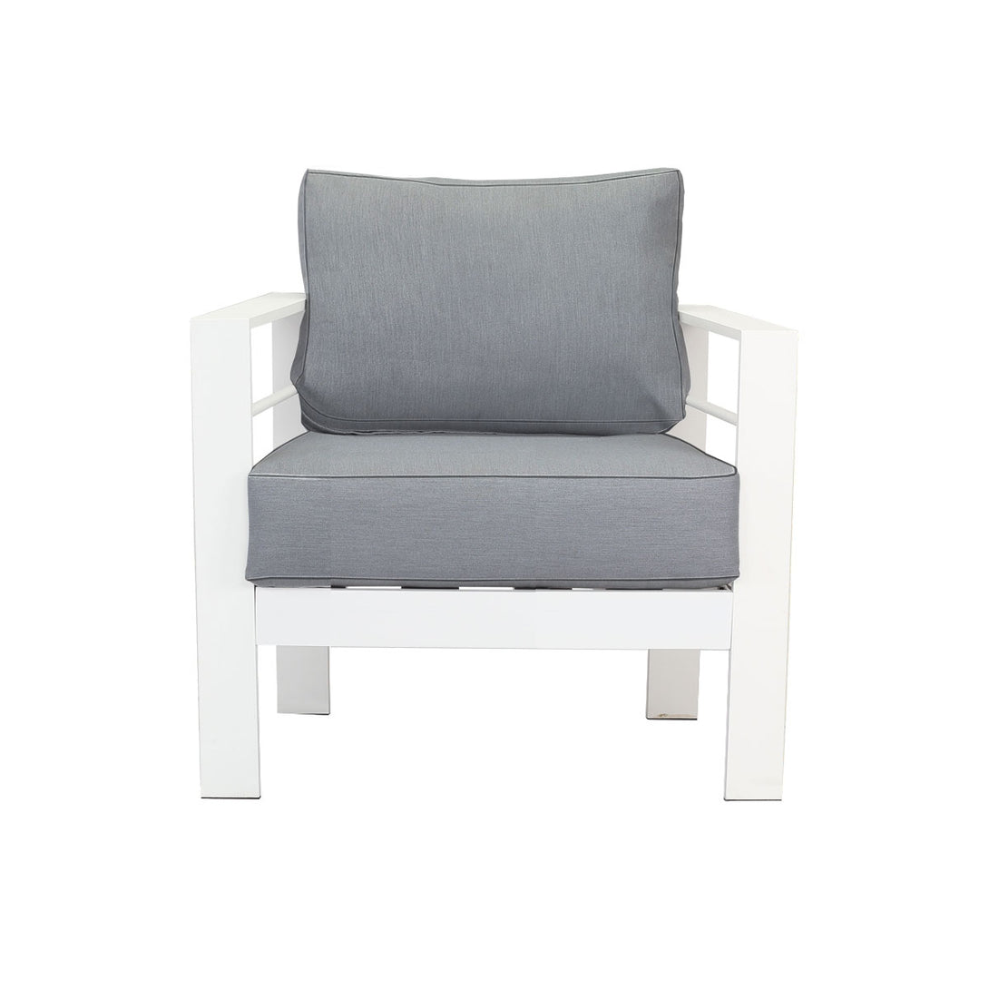 Paris Single Seater White Aluminium Outdoor Sofa Lounge with Arms - Grey Cushion (Set of 2) - Moda Living