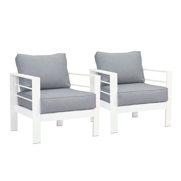 Paris Single Seater White Aluminium Outdoor Sofa Lounge with Arms - Grey Cushion (Set of 2) - Moda Living