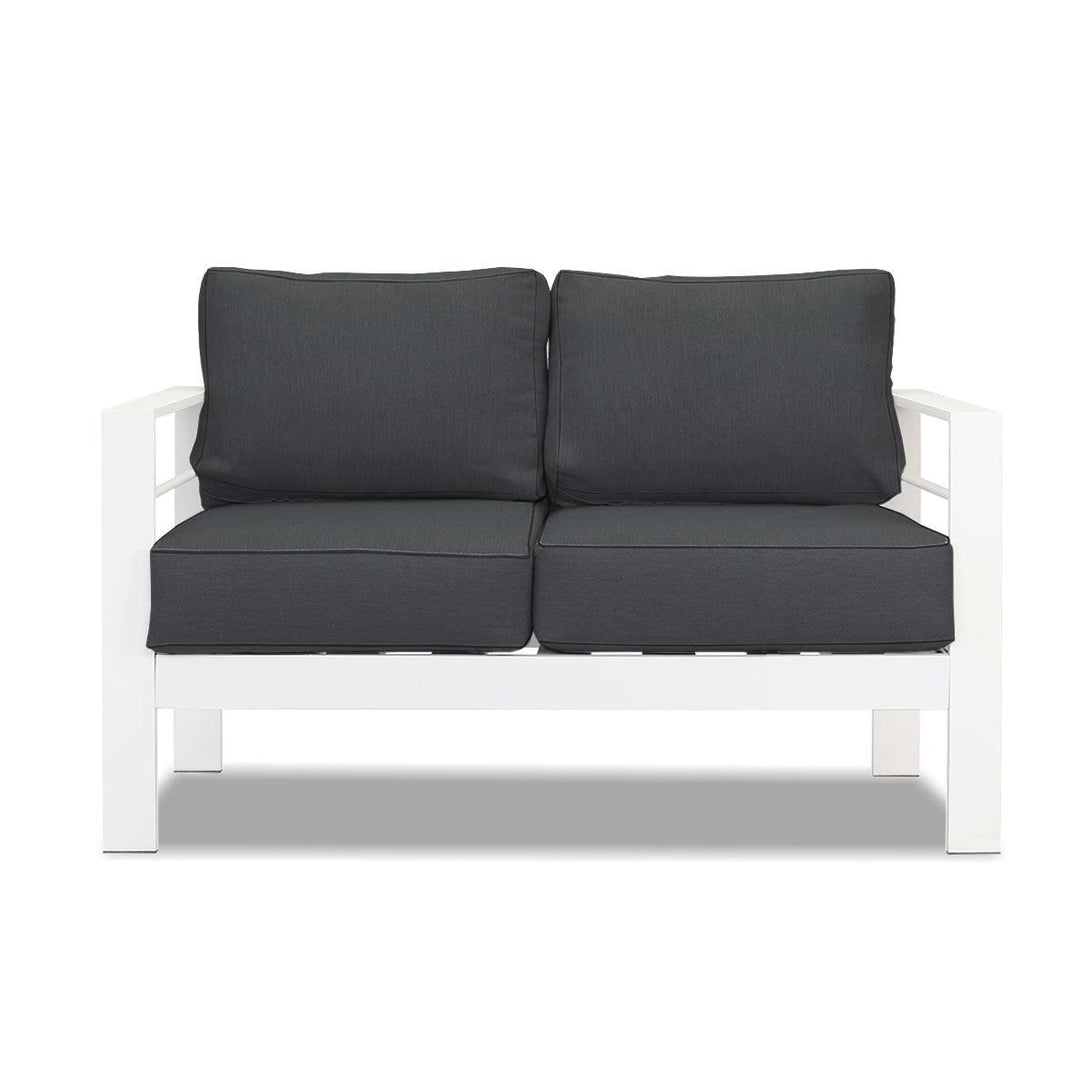 Paris 2 Seater White Aluminium Outdoor Sofa Lounge with Arms - Dark Grey Cushion - Moda Living