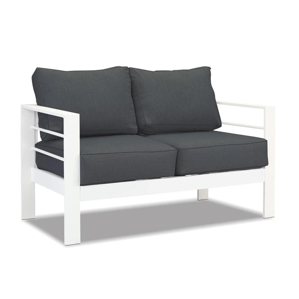 Paris 2 Seater White Aluminium Outdoor Sofa Lounge with Arms - Dark Grey Cushion - Moda Living