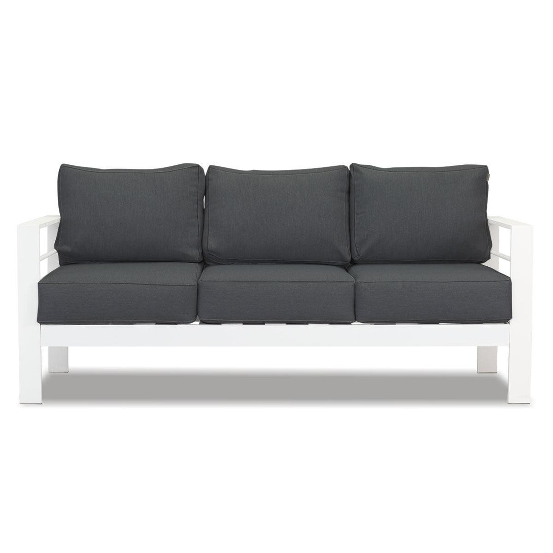 Paris 3 Seater White Aluminium Outdoor Sofa Lounge with Arms - Dark Grey Cushion - Moda Living