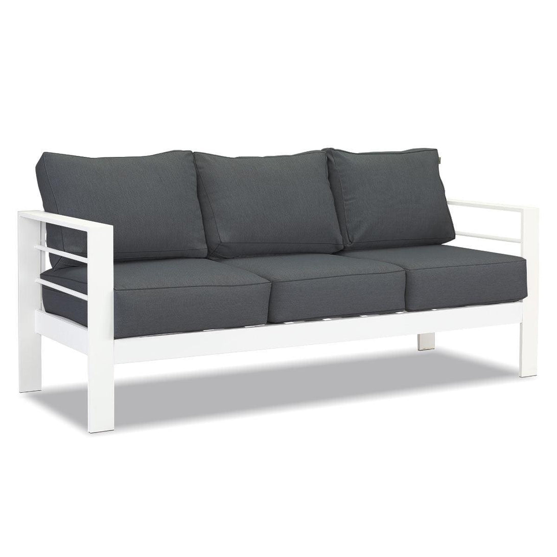 Paris 3 Seater White Aluminium Outdoor Sofa Lounge with Arms - Dark Grey Cushion - Moda Living