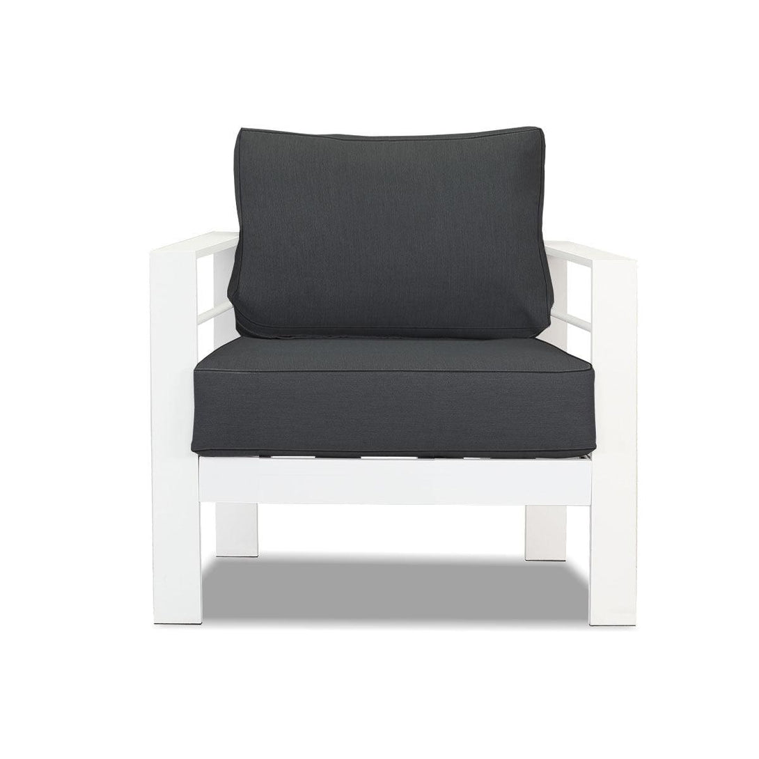 Paris Single Seater White Aluminium Outdoor Sofa Lounge with Arms - Dark Grey Cushion (Set of 2) - Moda Living