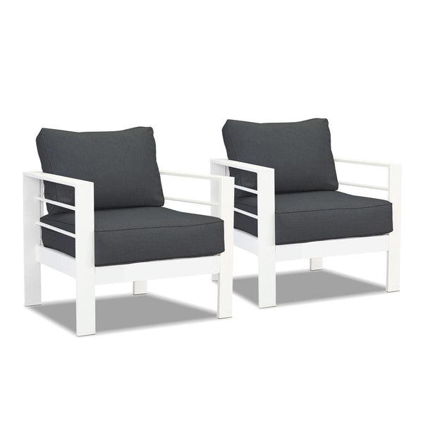 Paris Single Seater White Aluminium Outdoor Sofa Lounge with Arms - Dark Grey Cushion (Set of 2) - Moda Living