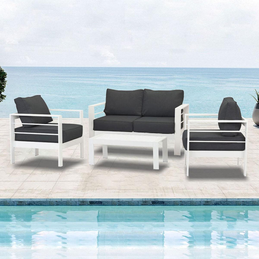 Paris 4 Piece White Aluminium Sofa Lounge Set - Dark Grey Cushion - Moda Living